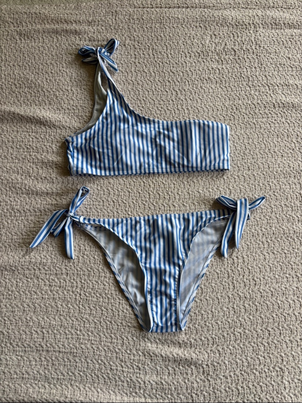 Striped One-Shoulder Tie-Side Bikini in Blue and White